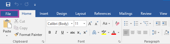 Screenshot of the display of the ‘File’ menu (highlighted) in Microsoft Word.