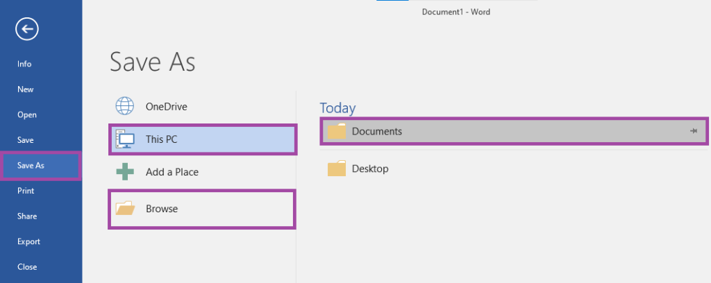 Screenshot of the display of the ‘Save As’ menu and the relevant options’ under it (highlighted) within Microsoft Word.