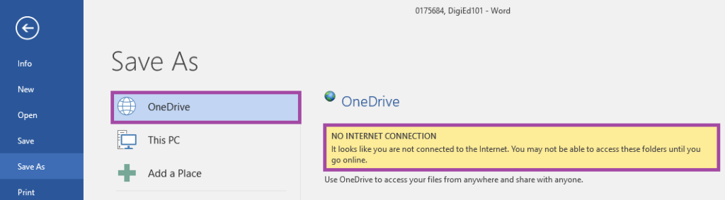Screenshot of the display of the ‘OneDrive’ option (highlighted) within Microsoft Word on an exam machine.