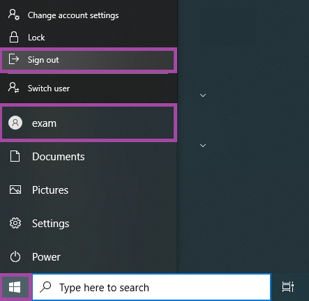 Screenshot of the display of the ‘Start menu’ (highlighted), the user profile (highlighted), and the ‘Sign out’ option (highlighted) on an exam machine.