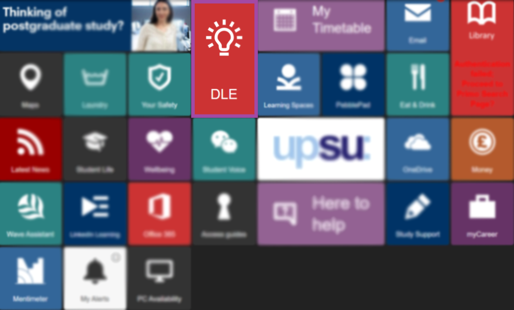 Screenshot of the display of the ‘DLE’ red tile (highlighted) within the Student Portal.