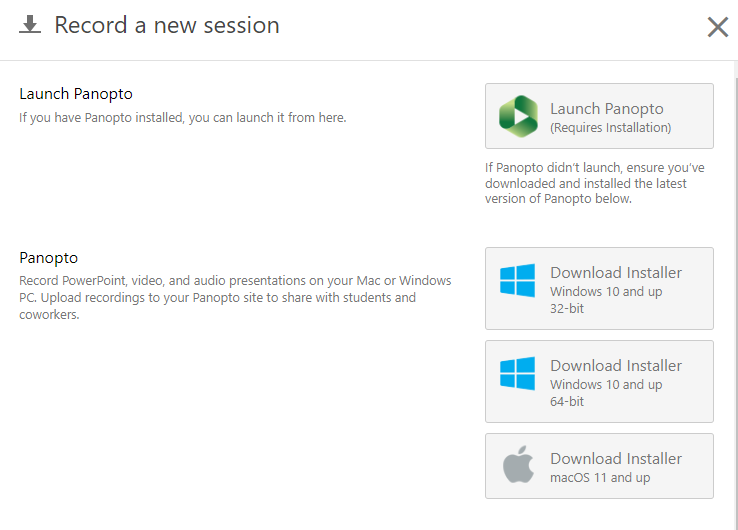 Panopto for desktop installer options.