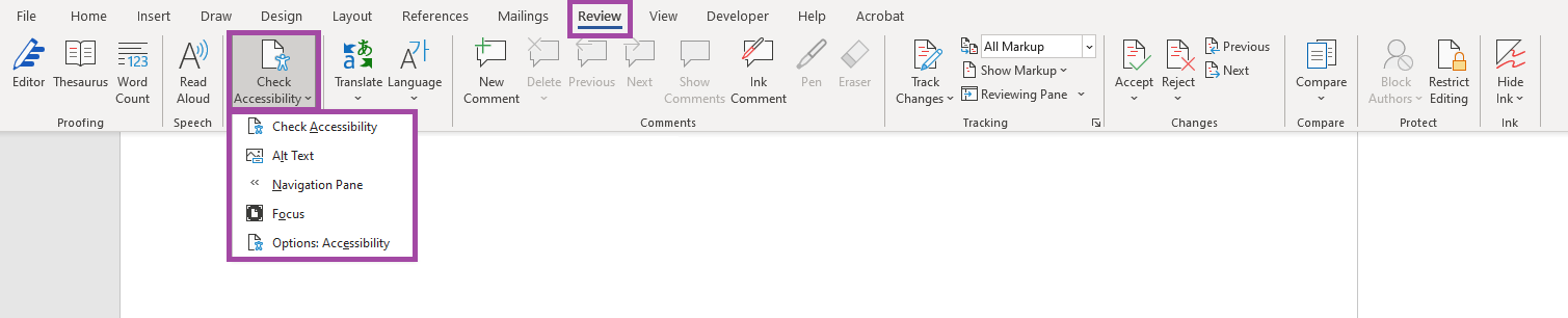 Screenshot of Microsoft Word, with the review menu highlighted and the check accessibility option highlighted.