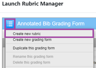 Screenshot of the display of the 'Create new rubric' button in Turnitin Rubric Manager.