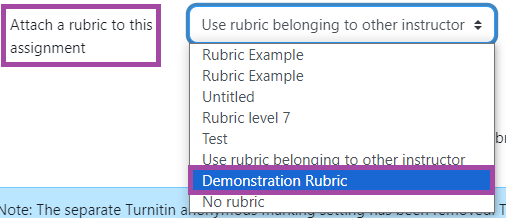 Screenshot of the 'Attach a rubric to this assignment' setting (submission point).