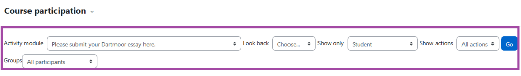 Screenshot of the filters to be used for non-submissions (highlighted) under an assessment report in the DLE (Moodle).