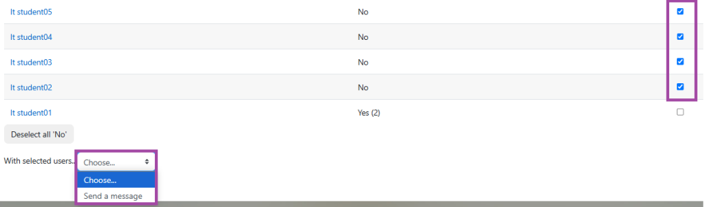 Screenshot of the selection process for non-submissions (highlighted) and action to be taken (sending a message) (highlighted) in the DLE (Moodle).