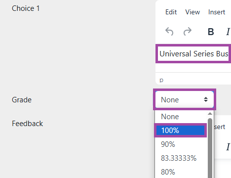 Screenshot of the ‘Answers’ section and a choice under it (highlighted) within a question settings.