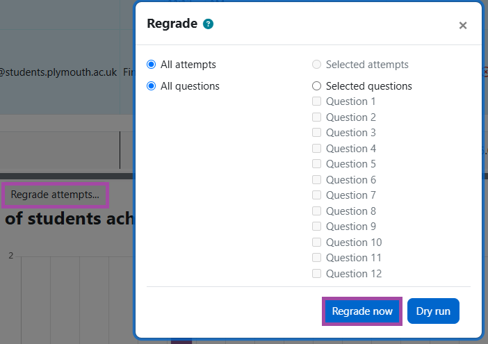 Screenshot of the ‘Regrade attempts…’ and ‘Regrade now’ buttons (highlighted).