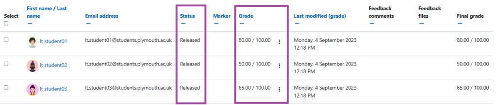 Screenshot of the Grading table (highlighted) for an empty submission point in the DLE (Moodle).