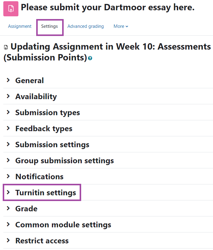 Screenshot of the ‘Turnitin settings’ section (highlighted) in the settings of a submission point (DLE/Moodle).