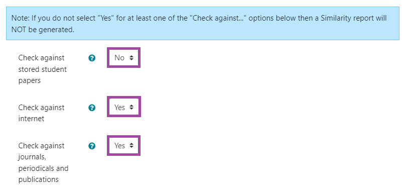 Screenshot of the ‘check’ settings (student paper, internet, journals, and many more) (highlighted).