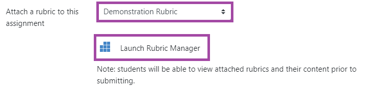 Screenshot of the ‘Attach a rubric to this assignment’ and ‘Launch Rubric Manager’ settings/buttons (highlighted).