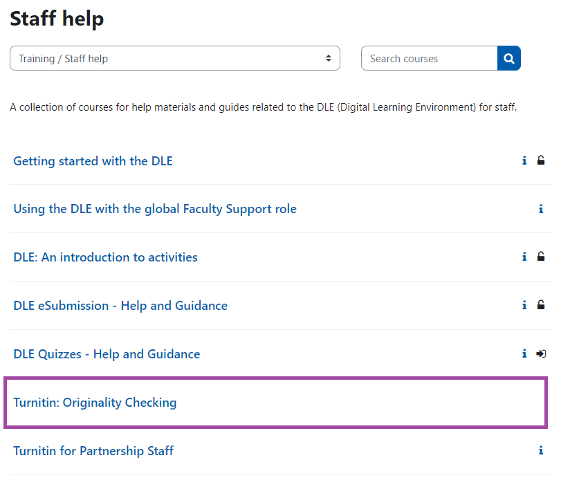 Screenshot of the demonstration courses in ‘Staff help’ highlighting ‘Turnitin: Originality Checking’.