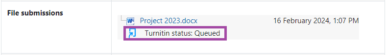 Screenshot of the pending Turnitin result (highlighted) for a submitted file under an assignment.