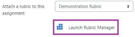 Screenshot of the ‘Launch Rubric Manager’ button (highlighted) within the ‘Turnitin settings’ section under a submission point.