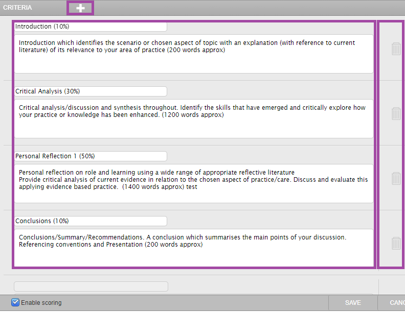 Screenshot of a filled-in grading form (highlighted) in Turnitin Rubric Manager.