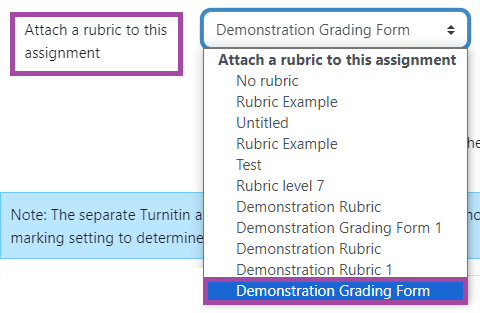 Screenshot of the ‘Attach a rubric to this assignment’ setting (highlighted) within the settings of the submission point.