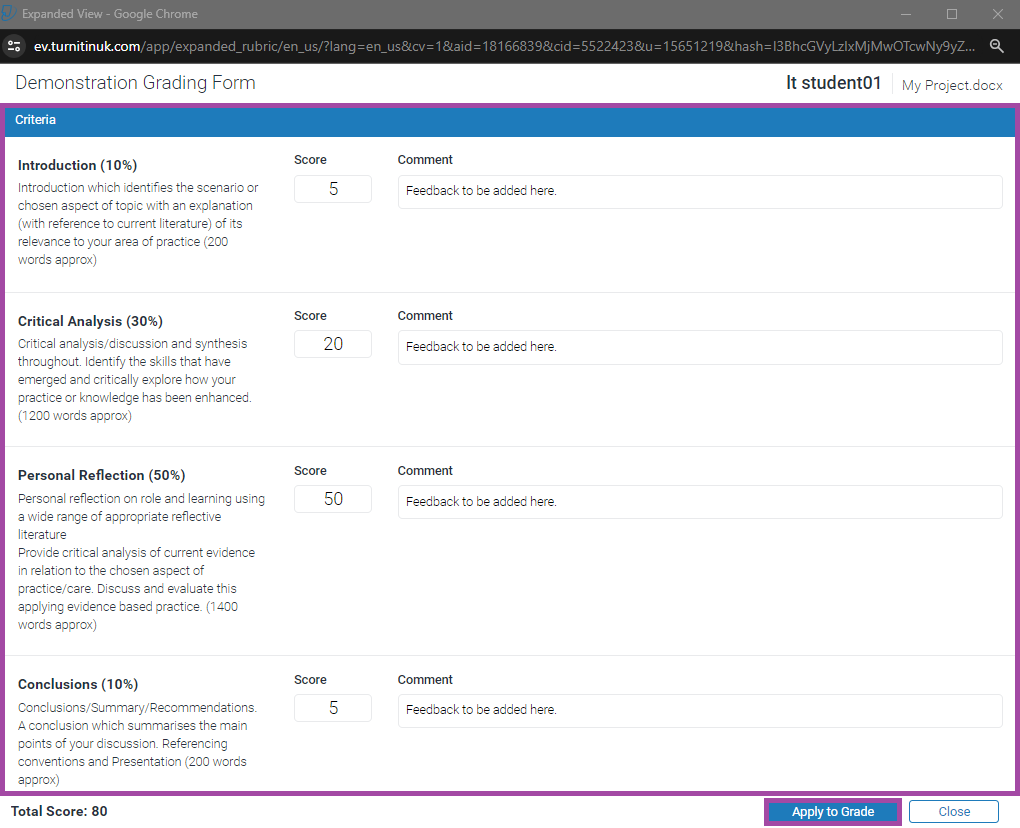 Screenshot of the display of the expanded Grading Form (highlighted) in Turnitin.