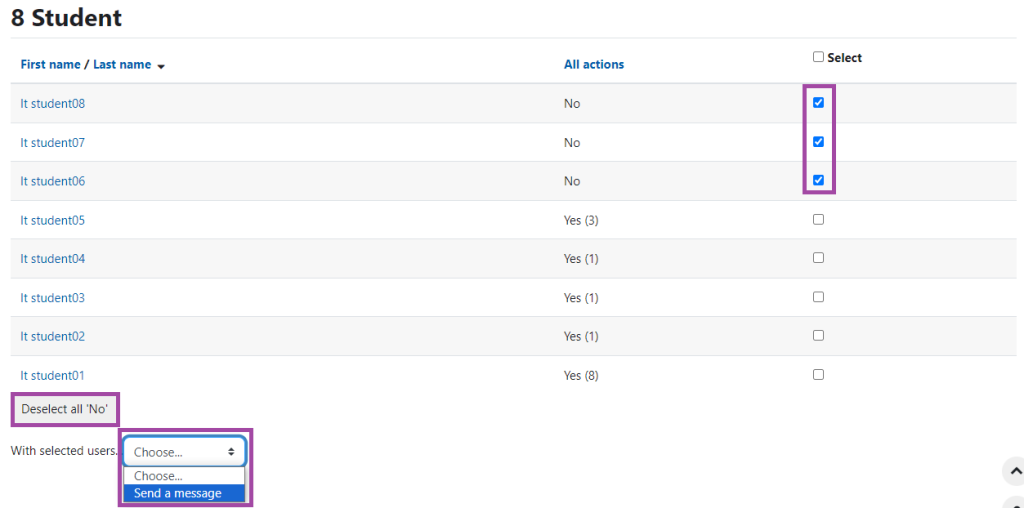 Screenshot of the selection process for non-submissions (highlighted) and action to be taken (sending a message) (highlighted) in the DLE (Moodle).