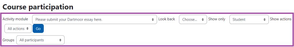 Screenshot of the filters to be used for non-submissions (highlighted) under an assessment report in the DLE (Moodle).