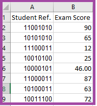 Screenshot of entering assessment grades (highlighted) for students based on student reference numbers in Excel.