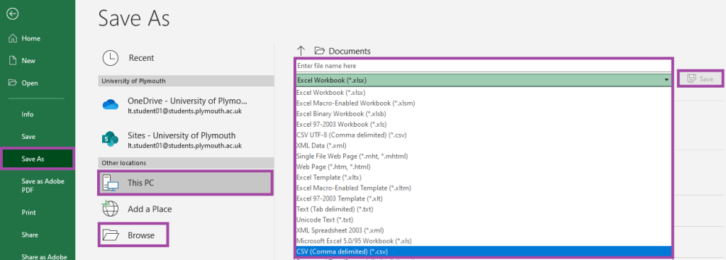 Screenshot of saving the Output tab in Excel as a .csv file (highlighted).