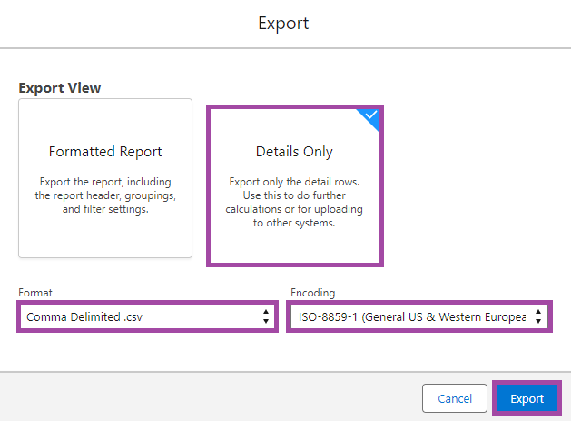 Screenshot of the export options/settings (highlighted) under a module class list in S4.