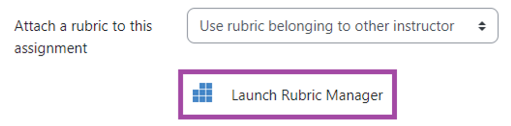 Screenshot of the ‘Launch Rubric Manager’ button (highlighted) in the ‘Turnitin settings’ section (settings of a DLE submission point).