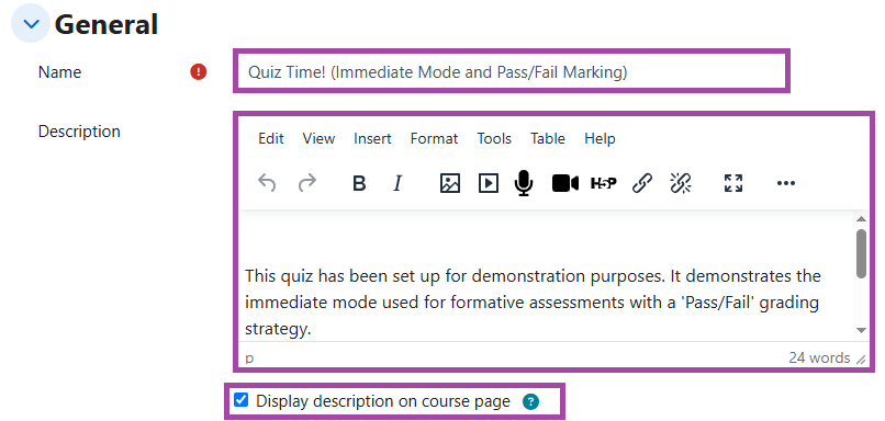 Screenshot of the ‘General’ section (highlighted) in the settings of a Moodle ‘Quiz’ activity.