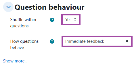 Screenshot of the ‘Question behaviour’ section (highlighted) in the settings of a Moodle ‘Quiz’ activity.