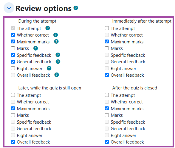 Screenshot of the ‘Review Options’ section (highlighted) in the settings of a Moodle ‘Quiz’ activity.