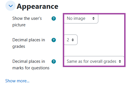 Screenshot of the ‘Appearance’ section (highlighted) in the settings of a Moodle ‘Quiz’ activity.