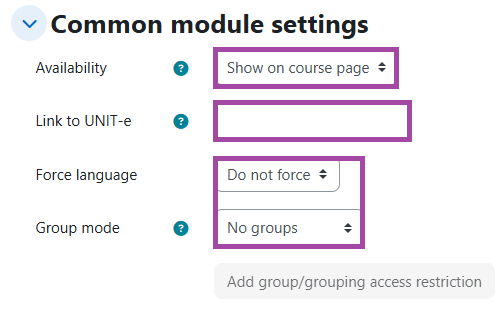 Screenshot of the ‘Common module settings’ section (highlighted) in the settings of a Moodle ‘Quiz’ activity.