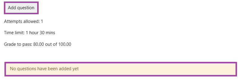 Screenshot of the ‘Add question’ button (highlighted) on a quiz dashboard.