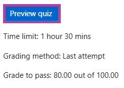 Screenshot of the ‘Preview quiz’ button (highlighted) on a quiz dashboard.