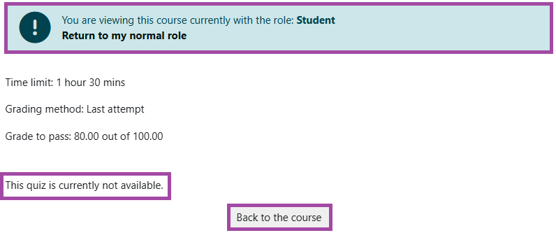 Screenshot of the ‘Student view’ (highlighted) of a quiz.