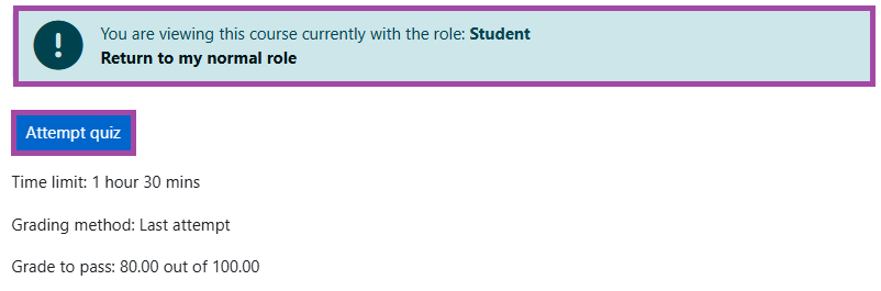 Screenshot of the ‘Attempt quiz’ button (highlighted) on a quiz dashboard.