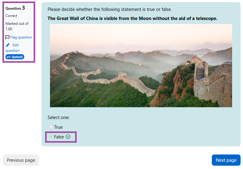 Screenshot of a quiz question display on the student end (highlighted).