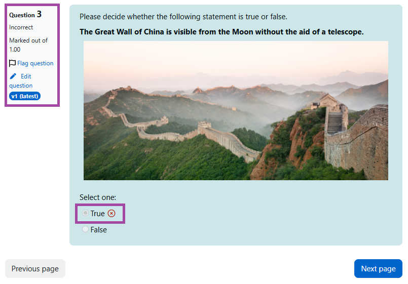 Screenshot of a quiz question display on the student end (highlighted).