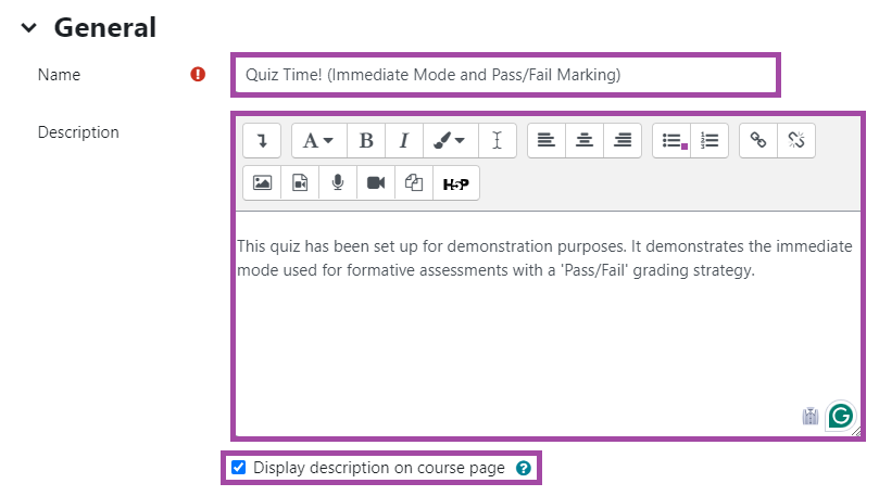 Screenshot of the ‘General’ section (highlighted) in the settings of a Moodle ‘Quiz’ activity.