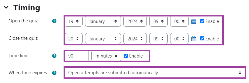 Screenshot of the ‘Timing’ section (highlighted) in the settings of a Moodle ‘Quiz’ activity.