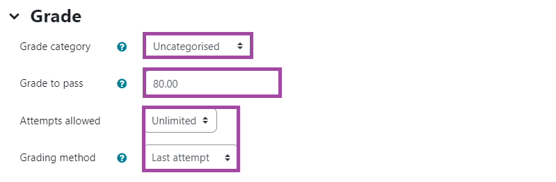 Screenshot of the ‘Grade’ section (highlighted) in the settings of a Moodle ‘Quiz’ activity.