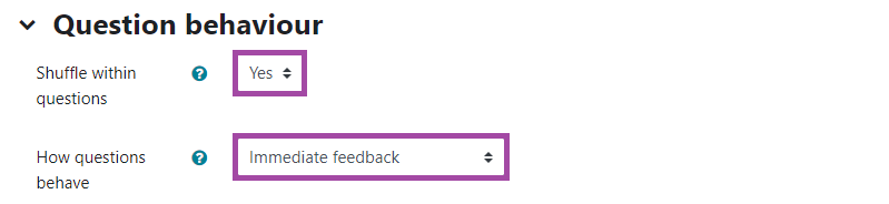 Screenshot of the ‘Question behaviour’ section (highlighted) in the settings of a Moodle ‘Quiz’ activity.