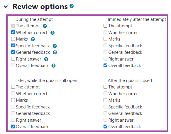 Screenshot of the ‘Review Options’ section (highlighted) in the settings of a Moodle ‘Quiz’ activity.