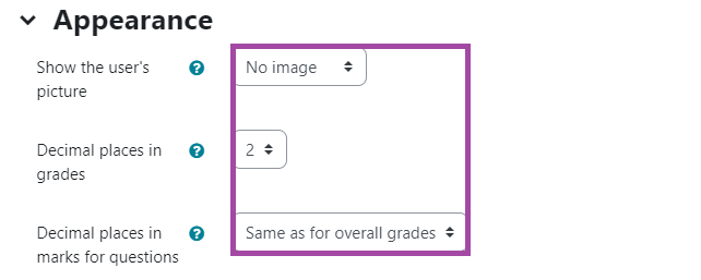 Screenshot of the ‘Appearance’ section (highlighted) in the settings of a Moodle ‘Quiz’ activity.