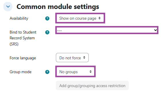 Screenshot of the ‘Common module settings' section (highlighted) in the settings of a Moodle ‘Quiz’ activity.