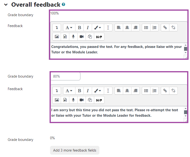 Screenshot of the ‘Overall feedback’ section (highlighted) in the settings of a Moodle ‘Quiz’ activity.