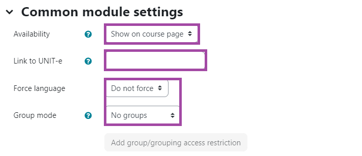 Screenshot of the ‘Common module settings’ section (highlighted) in the settings of a Moodle ‘Quiz’ activity.