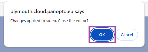Screenshot of pop up window with ‘OK’ selected.